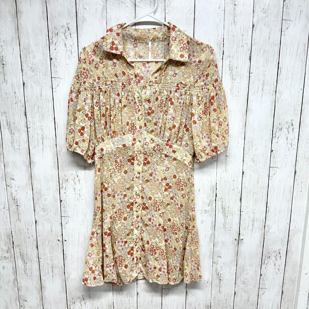 Free‎ People Dress Women S Bonnie Mini Tea Combo Puff Sleeve Button Down Cottage
